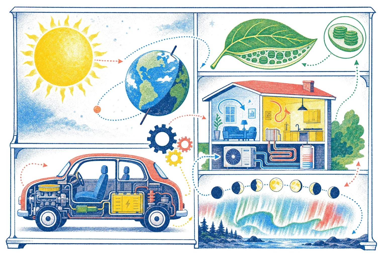 Illustrated cabinet of curiosities: the Sun and a tilted Earth, a leaf opened to show chloroplasts, a house with a heat pump, a hybrid car cutaway, Moon phases and the northern lights