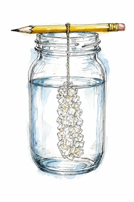 Watercolour sketch of a jar with a string hanging from a pencil, covered in large sugar crystals